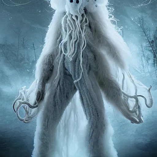 Prompt: an ethereal fluffy ghost like live action muppet wraith like figure with a squid like parasite as its head and four long tentacles for arms that flow gracefully at its sides like a cloak while it floats around a frozen rocky lake in the middle of the frozen woods searching for lost souls and that hides amongst the shadows in the trees, this character has cryokinesis and umbrakinesis and is a real muppet by sesame street surrounded by lost muppet souls, photo realistic, real, realistic, felt, stopmotion, photography, sesame street