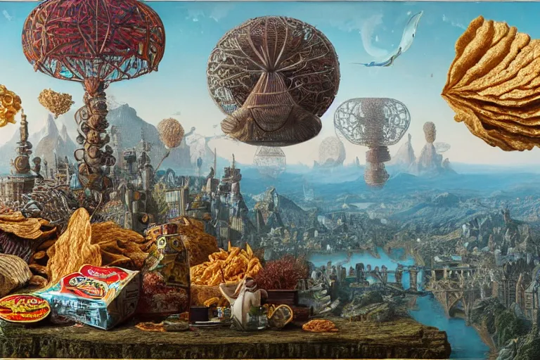 Prompt: a surreal and awe - inspiring bag of crisps on a table, intricate, elegant, highly detailed matte painting by ernst haeckel and simon stalenhag