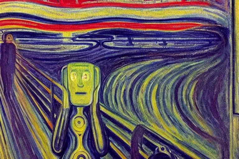 Prompt: the visionary robot, oil painting by edvard munch