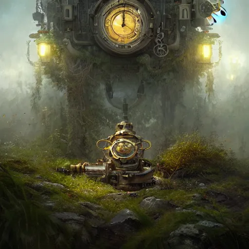 Prompt: a ultradetailed beautiful concept art of the core of a steampunk machine where vegetation have start to peacefully grow, dramatic lighting, dynamic lighting, cinematic lighting, lit by morning light, concept art, high resolution 4 k, by tom bagshaw, greg rutkowski, charli bowater and artgeem