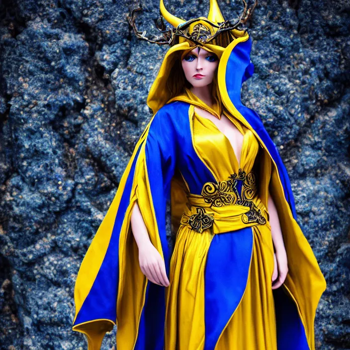 Image similar to photograph of a real - life beautiful!! elemental lightning witch with ornate yellow and blue robes. extremely detailed. 8 k