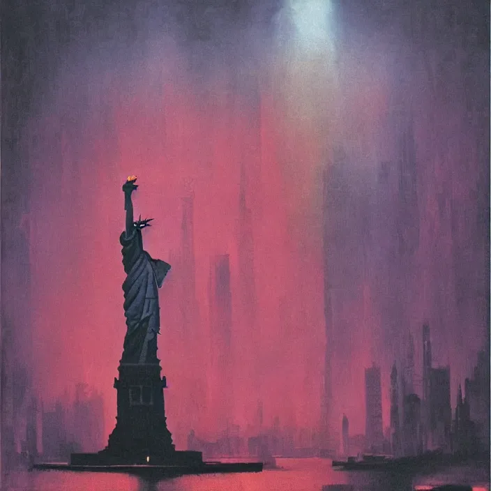 Image similar to statue of liberty in underground city, red and purple palette, volume light, fog, by ( h. r. giger ) and paul lehr