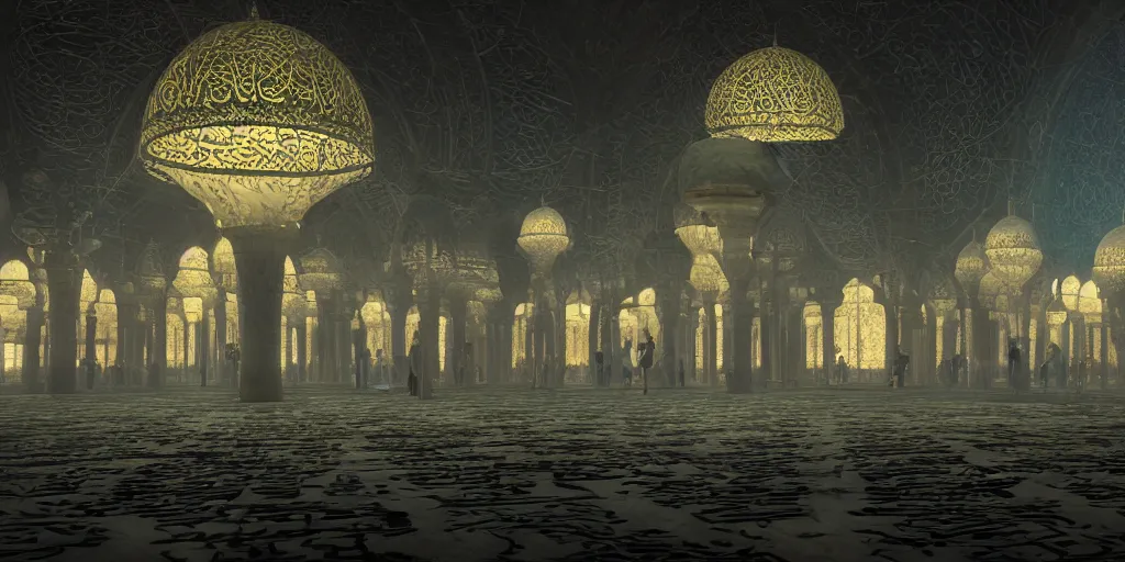 Prompt: Photorealistic mosque in dark giant glowing mushroom underworld, with great domes and arches, people and androids wearing traditional japanese clothing. photorealism, UHD, amazing depth, golden ratio, 3D octane cycle unreal engine 5, volumetric lighting, cinematic lighting, artstation,cgstation, concept art