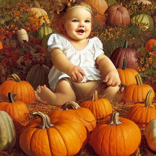 Prompt: a cute nine month old baby sitting amidst piles of pumpkins. beautiful cute highly detailed face. autumn and fall and halloween themed painting by artgerm and anne geddes and alphonse mucha.