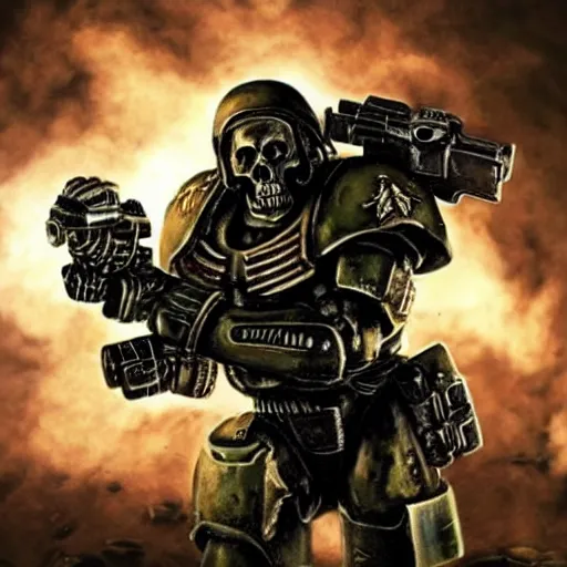 Image similar to a single human marine soldier full body with normal anatomy Warhammer 40k, wearing a small space marine skull helmet, wearing a full suit of symmetrical black space marine armor plating, golden skulls decorating armor, walking, holding arm up and aiming a bolt pistol, battlefield scene with smoke, seamless, grunge aesthetic