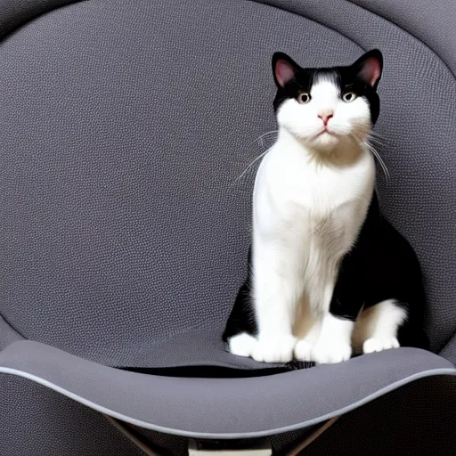 Image similar to a white cat and a black cat sleeping on an office chair. dslr photo