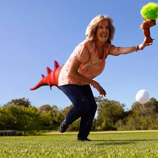 Image similar to a lady playing fetch with her pet dinosaur,