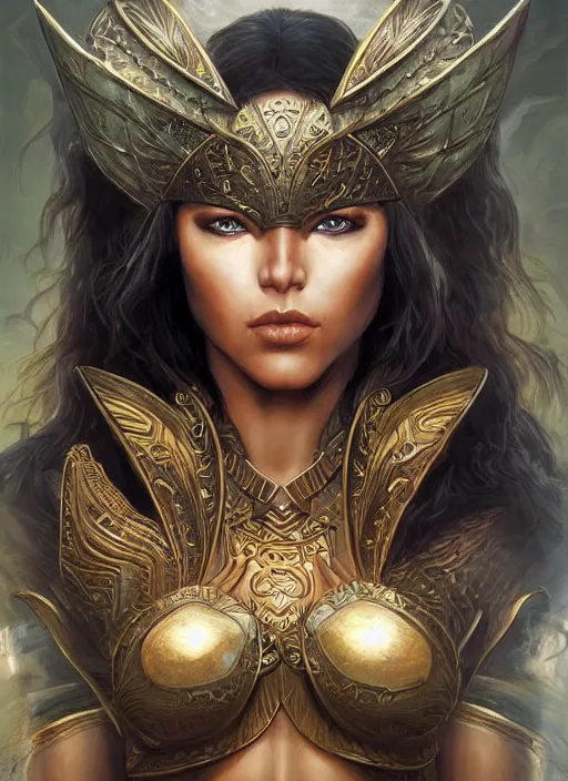 Image similar to a highly detailed symmetrical painting of a female amazon warrior with piercing beautiful eyes in dark tomb setting, dynamic lighting, ambient lighting, deviantart, art by artgerm and karol bak and mark brooks