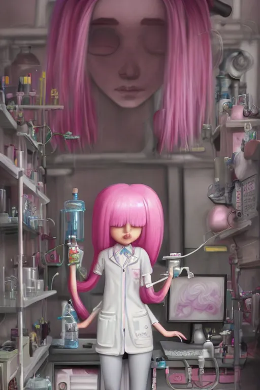 Prompt: highly detailed, industrial photography, profile photo of adult princess bubblegum from adventure time, working in her science lab, wearing lab coat, long bubblegum hair, long straight bangs, confident, beautiful, attractive, illustration concept art by nicoletta ceccoli, mark ryden, lostfish, detailed and intricate environment, 8 k resolution, hyperrealistic, octane render