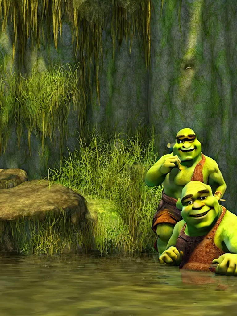 Prompt: Shrek taking a bath in the swamp 8k