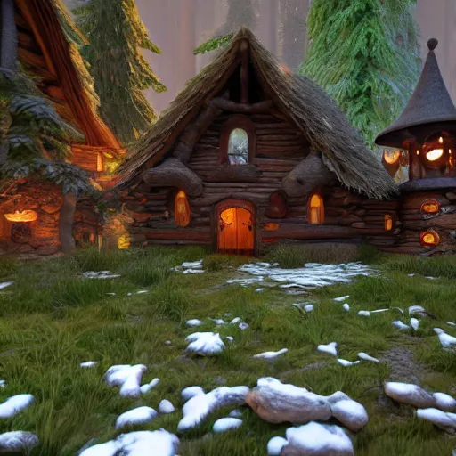 Prompt: elf magical forest cabin with a chimney 8k fantasy Unreal 5 engine