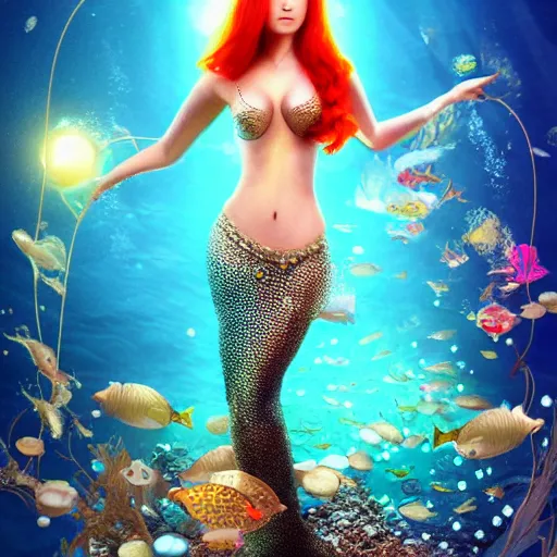 Image similar to a beautiful redhead mermaid in the middle of the ocean, sunshine underwater, pearls, efflorescence, futuristic cybernetic engine, intricate details in the frames, symmetrical, magic, 4k high quality render.