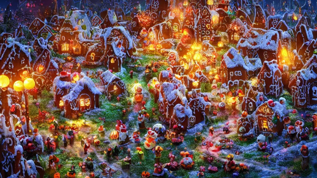 Prompt: gingerbread candy village, colorful, fantasy, fairytale, intricate, forest, fireflies, flowers, halloween, christmas, snow, hansel and gretel, bokeh, medium shot, visually stunning, depth of field 1 0 0 mm, cinematic scene, studio quality, unreal engine, octane render, trending on artstation, artgerm, cgsociety