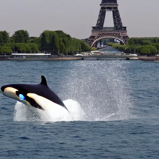 Image similar to orca whales swimming past the Eiffel Tower, 4k