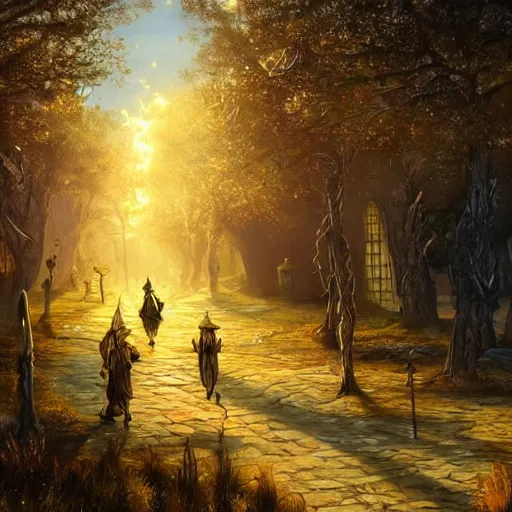 Image similar to a fantasy landscape with strange creatures walking the forest and fun buildings and streets, intricate street lamps and morning sunshine, realistic, painting, great lighting, golden hour, golden rule