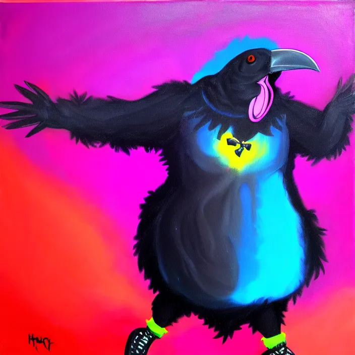 Image similar to a fat anthropomorphic male raven fursona dancing at a rave, furry, oil on canvas, cute, vivid saturation