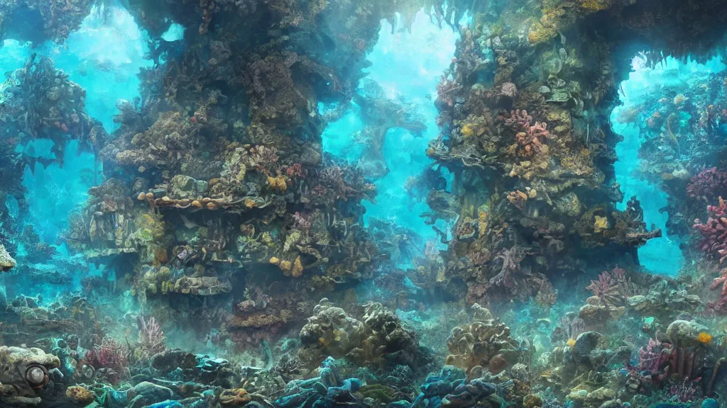 Image similar to Trending on artstation, beautiful underwater lost city coral reef, detailed matte painting, oil on canvas