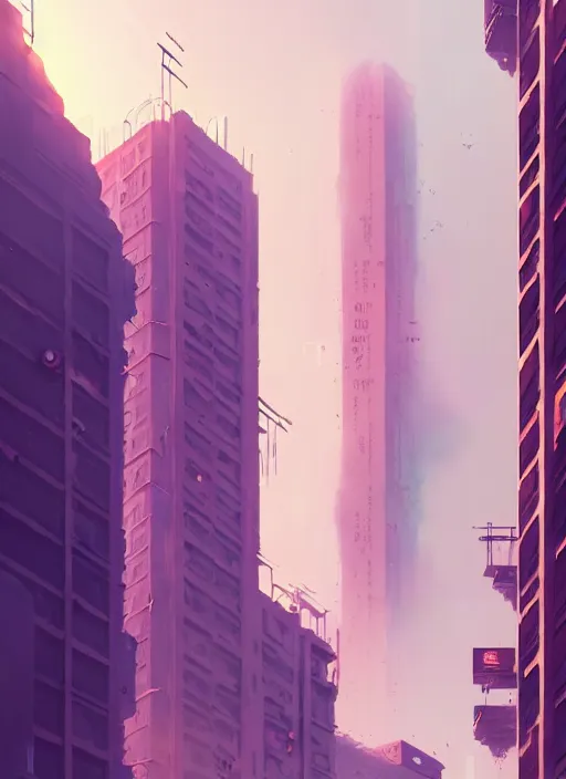 Image similar to highly detailed matte painting, of a 3 d calligraphy graffiti tag city highrise buildings, by atey ghailan, by greg rutkowski, by greg tocchini, by james gilleard, by joe fenton, by kaethe butcher, pink, brown, light blue and white mystical color scheme, grunge aesthetic, octane render