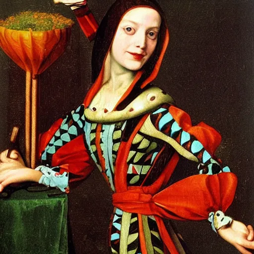 Prompt: frog in harlequin costume in renaissance oil painting