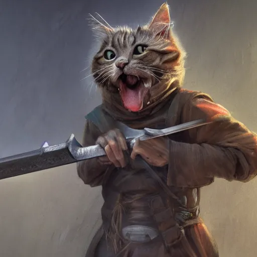 Prompt: a high detail shot of a dirty, homeless cat wielding a sword, realism, 8 k, fantasy, d & d, concept art