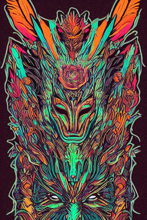 Image similar to animal mask totem roots flower tribal feather gemstone plant wood rock shaman vodoo video game vector cutout illustration vivid multicolor borderlands comics by josan gonzales and dan mumford radiating a glowing aura