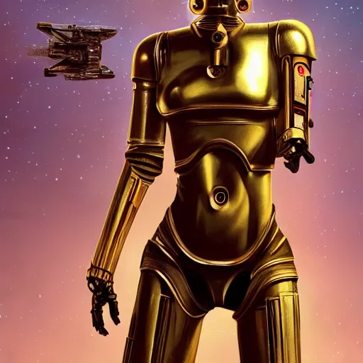 Prompt: portrait of Madison Ivy as C3PO Star Wars droid, looking at camera, intricate, dystopian, sci-fi, extremely detailed, octane render, digital painting, concept art, smooth, sharp focus, illustration, incredible art by artgerm and greg rutkowski and alphonse mucha and simon stalenhag