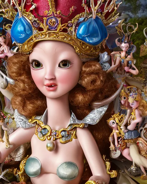 Image similar to highly detailed closeup, face profile portrait of a tin toy fairytale princess wearing a crown and sitting on a throne, bikini, depth of field, fashion photoshoot by nicoletta ceccoli, mark ryden, lostfish, dan decarlo, bob clampett, max fleischer, breathtaking, detailed and intricate environment, 8 k resolution, hyperrealistic, octane render