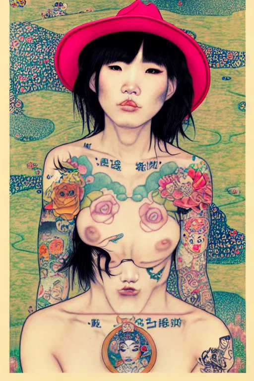 Prompt: full view of taiwanese girl with tattoos, wearing a cowboy hat, style of yoshii chie and hikari shimoda and martine johanna and and gustav klimt and will eisner, highly detailed