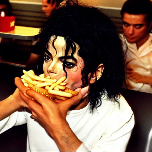 Prompt: Michael Jackson eating at a McDonalds, long shot, award winning, high detail, high resolution