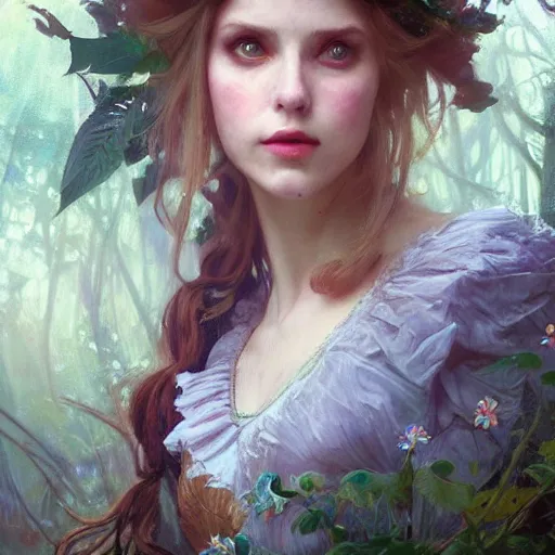 Image similar to close up portrait of alice in wonderland, magical forest, dramatic lighting, high detail, painted, by greg rutkowski, painted by stanley artgerm, painted by alphonse mucha, trending on artstation