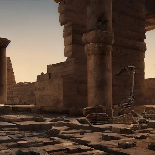 Image similar to Ancient Egyptian ruins surrounded by a giant snake skeleton, hyperdetailed, artstation, cgsociety, 8k