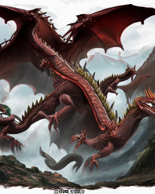 Image similar to an epic action concept masterpiece of an exquisite three headed dragon, inspired by sd ai. digital art