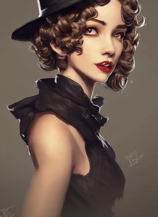 Prompt: a highly detailed illustration of curly short haired girl wearing noir hat and suit, dramatic smiling pose, intricate, elegant, highly detailed, centered, digital painting, artstation, concept art, smooth, sharp focus, league of legends concept art, WLOP