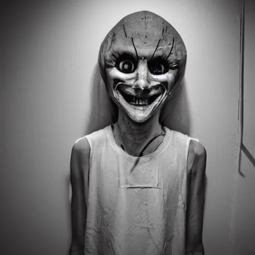 Prompt: an creepy skinwalker with an unnatural smile from the p. t. video game, it is deformed and is staring at the camera from the end of a dark liminal hallway. caught on vhs, film grain, flashlight lighting,