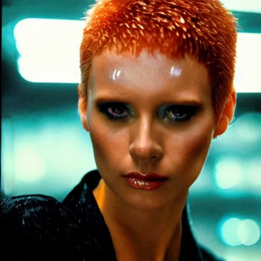 Image similar to close up portrait of rachael tyrell from blade runner at tyrell headquarters photographed by annie leibovitz, cyberpunk, colorful!, nighttime!, raining!