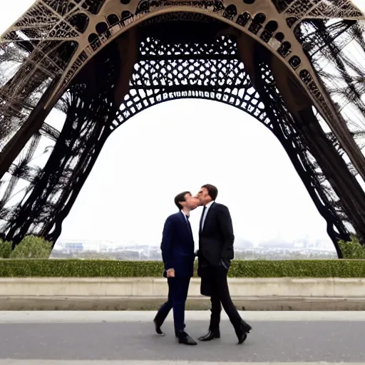 Image similar to gerald darmanin and Emmanuel macron kissing under the eiffel tower