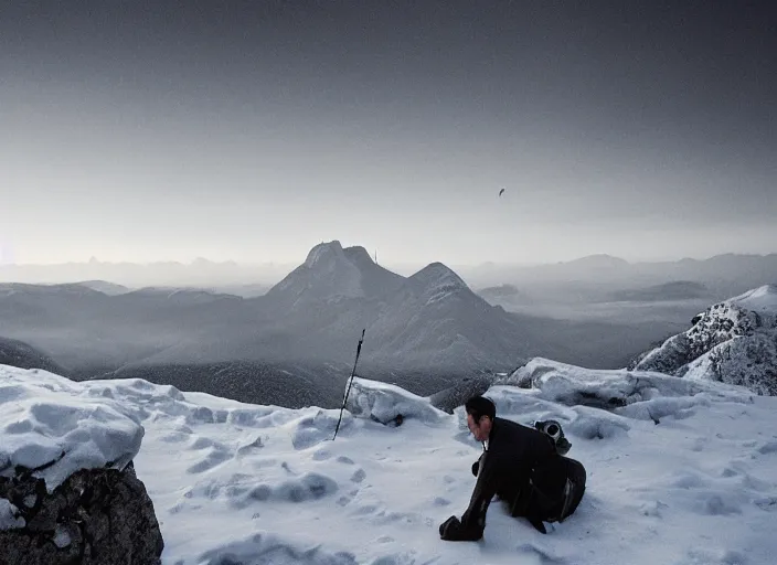 Prompt: Sky castle float over snowy mountains at dawn. Man with spyglass looks to the horizon