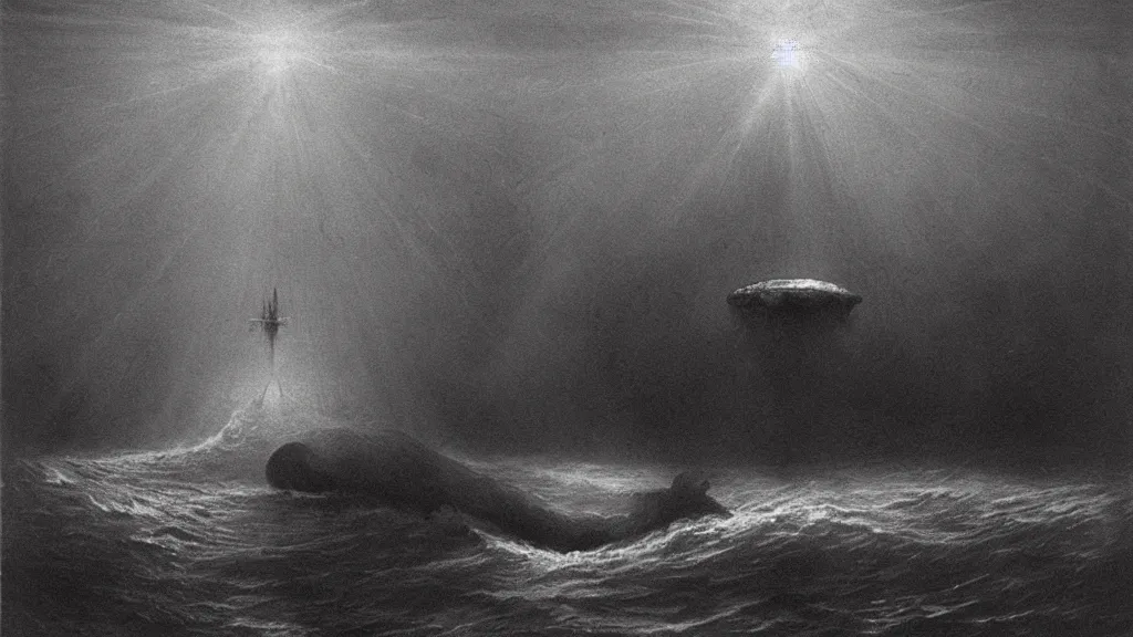 Image similar to environment under the ocean, a huge monster of the deep emerges out of the darkness of the deep ocean waters to attack a small submarine, Beksiński, horror, eerie lighting, god rays