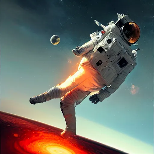 Image similar to burning astronaut falling through the majestic clouds of jupiter, by cedric peyravernay and feng zhu, highly detailed, excellent composition, cinematic concept art, dramatic lighting, trending on artstation