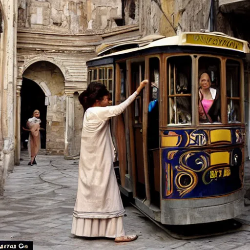 Image similar to scene from a 2 0 1 0 film set in ancient constantinople showing a woman waiting for a tram