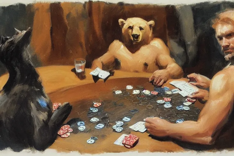 Image similar to 2 animals, cat, bear, playing poker, highly detailed beautiful, by gregory manchess, james gurney, james jean