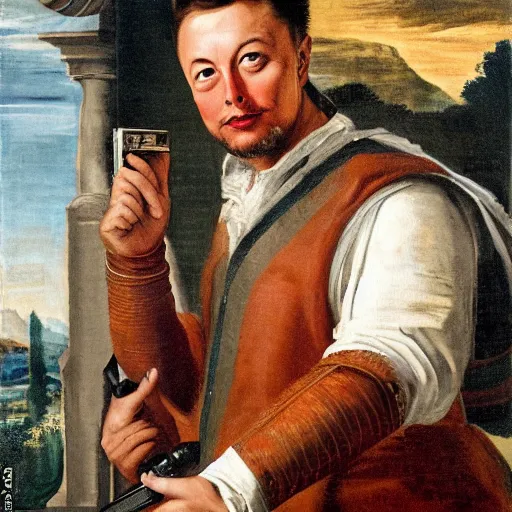 Prompt: painting of Elon musk holding a gun, Paolo Veronese style