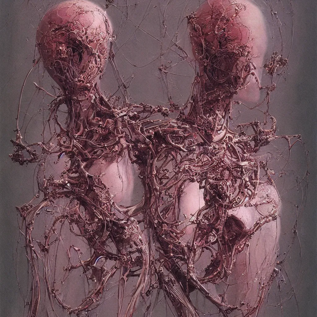 Prompt: portrait of biomechanical woman by wayne barlowe and zdislaw beksinski