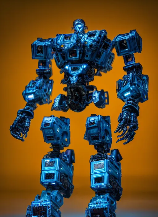 Image similar to a intricate ornate boxing humanoid mecha, punk, by war robots, real steel ( 2 0 1 1 ), westworld and pacific rim movie and ps 5 game machine warrior 5, cryengine, frostbite 3 engine, blue and yellow scheme, sharp focus, 8 k, high definition, insanely detailed, soft lighting, smooth face