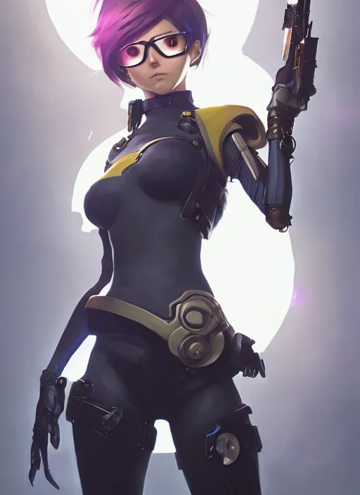 Prompt: highly detailed portrait tracer from overwatch as 2 b nier automata with glasses, unreal engine, fantasy art by greg rutkowski, loish, rhads, makoto shinkai and lois van baarle, ilya kuvshinov, rossdraws, tom bagshaw, global illumination, radiant light, detailed and intricate environment