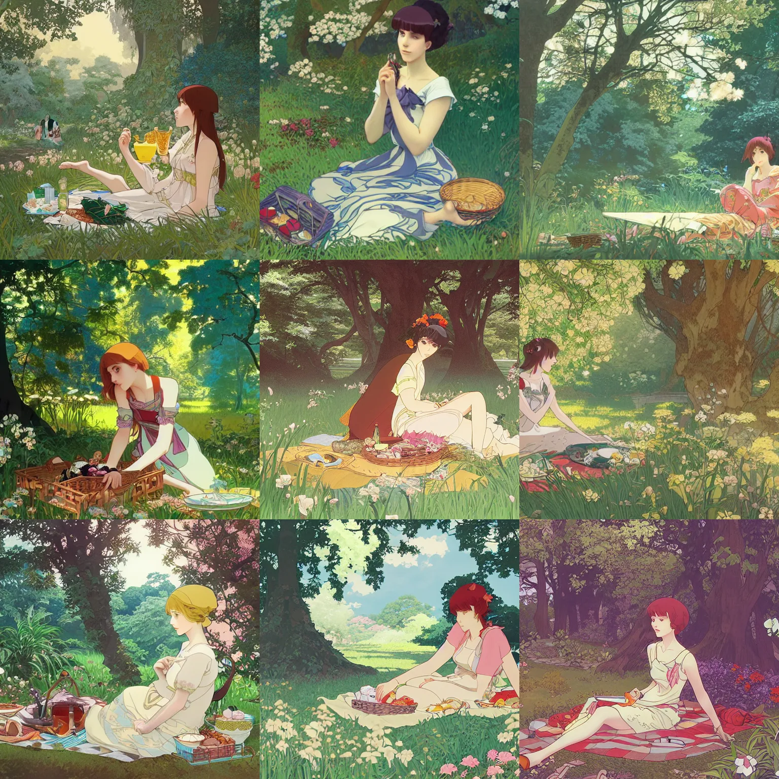 Prompt: A young woman having a picnic in a lush park, intricate, highly detailed, digital painting, Kyoto Animation and Studio Ghibli still, by Ilya Kuvshinov and Alphonse Mucha