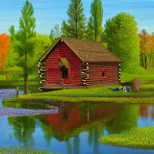 Image similar to two small log cabins on the edge of an idyllic lake that has many lily pads and brightly colored ducks on its surface, behind the cabins there is a small farm plot and a large deciduous forest, people can be seen tending to the area around the cabins, renaissance painting, high quality