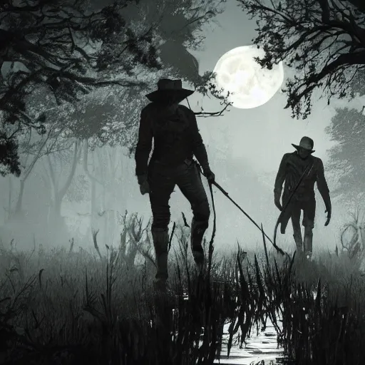 Image similar to hunters from hunt showdown walking across a swamp at night, horror scene, moon light, bayou, silence,