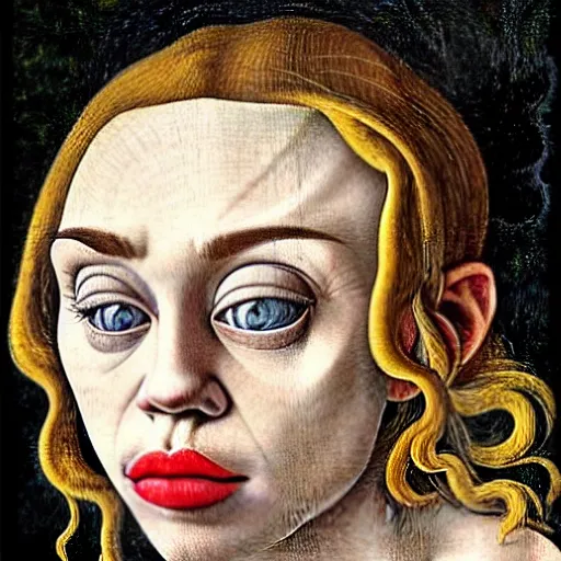 Image similar to miley cyrus as gollum, elegant portrait by sandro botticelli, detailed, symmetrical, intricate