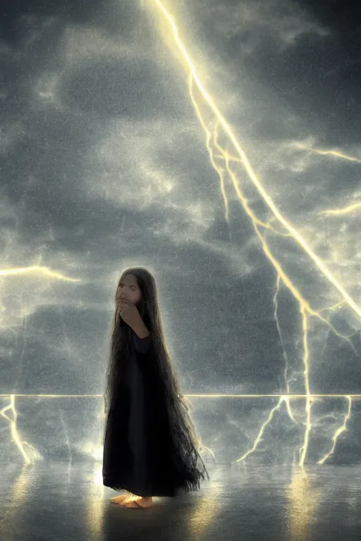 Prompt: a young girl with flowing black hair and chequered robe is watching a storm inside a symmetrical fantasy crystal. atmospheric, 4 k, highly detailed. surrounded by golden rays of light